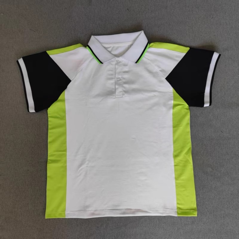 定做夏季男女校服同款运动短袖T恤衫白色拼接荧光绿藏蓝色POLO衫
