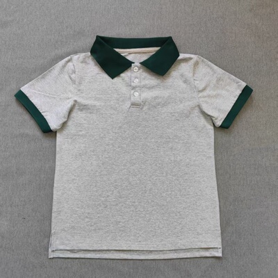 定做夏季男女校服同款运动半袖浅灰色拼墨绿袖翻领休闲T恤POLO衫
