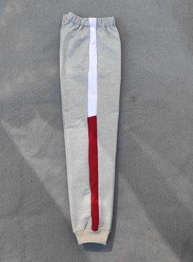 定做春秋冬季男女校裤同款运动裤浅灰色拼接上白下酒红加宽条裤子