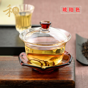 正品禾器玻璃盖碗荷叶纹茶盖碗台湾耐热加厚大号玻璃 禅语盖碗