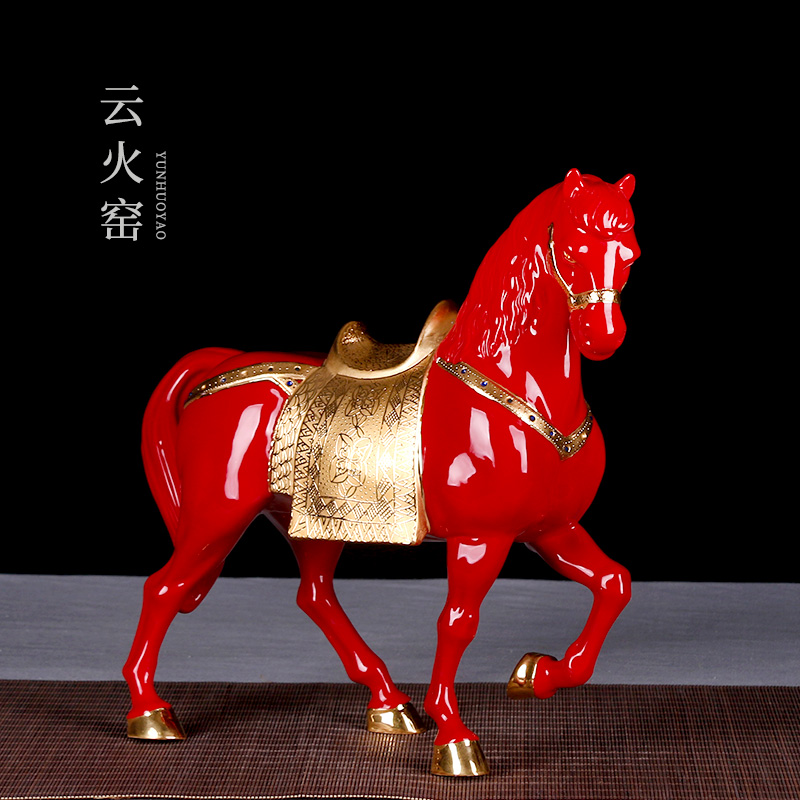 醴陵陶瓷马到成功瓷雕装饰摆件作品鎏金礼品送领导中国红生肖马
