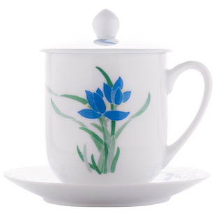 云火窑釉下手绘陶瓷茶杯带盖带碟办公室会议杯个人泡水杯高档礼品