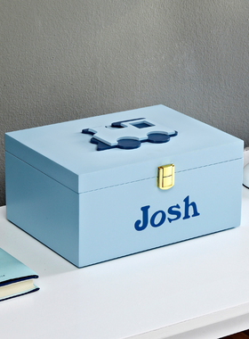 桌面收纳盒整理盒儿童房储物盒男孩木质长方形创意蓝色带盖玩具盒