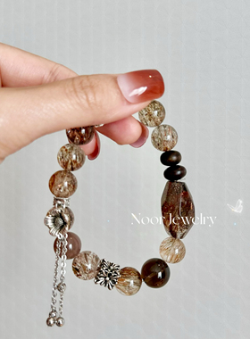 原创天然黑金超七手串男女士清透顺发骨干发丝金闪黑超七水晶手链