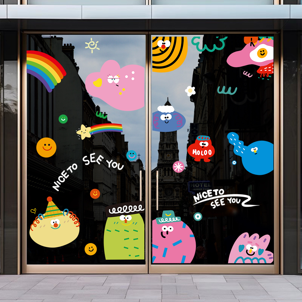 ins风网红店几何图形小怪兽插画贴纸店铺橱窗玻璃门贴静电装饰贴图片