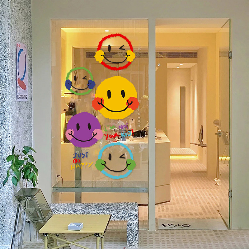 ins风网红店橱窗玻璃贴纸小红书表情笑脸厨房防撞墙贴画窗花门贴