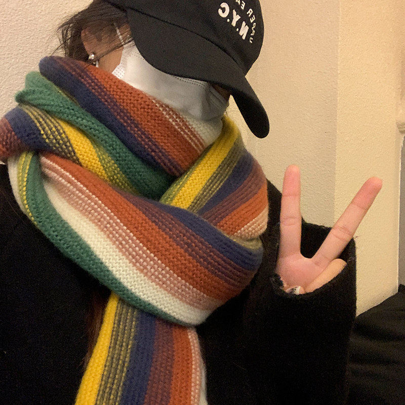 彩虹针织围巾女秋冬季202