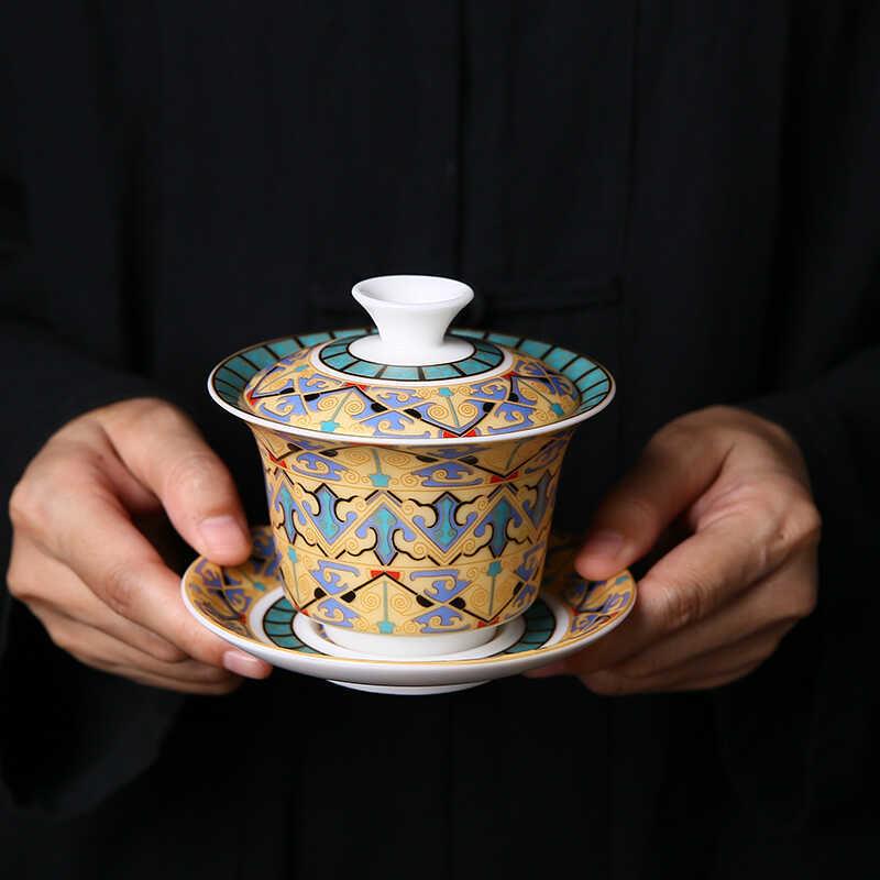 唐卡悬停三才盖碗高档礼品家用陶瓷功夫茶具单个泡茶碗敬茶碗茶杯