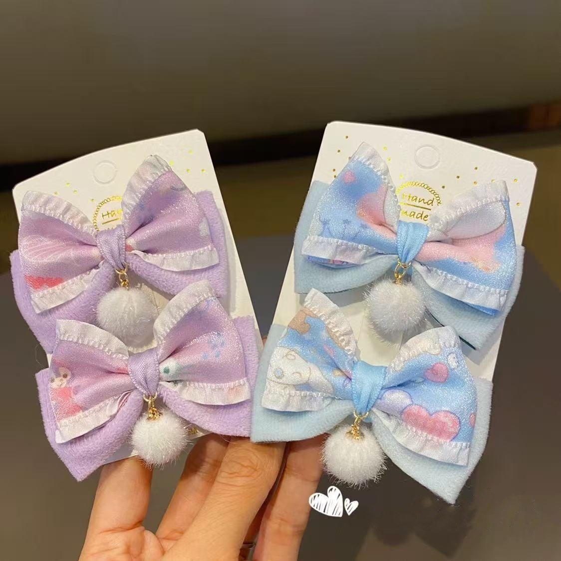 新款卡通可爱貂毛双层蝴蝶结女童吊球毛呢对夹糖果色儿童公主发饰