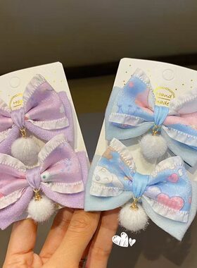 新款卡通可爱貂毛双层蝴蝶结女童吊球毛呢对夹糖果色儿童公主发饰