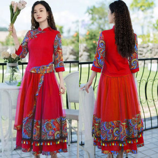 民族风女装 新款 复古立领半身裙两件套旅游拍照裙子 棉麻套装 春夏季