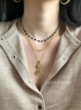 ZIZHI STUDIO复古黑色双层叠戴项链欧美极简双层18k金色锁骨链女