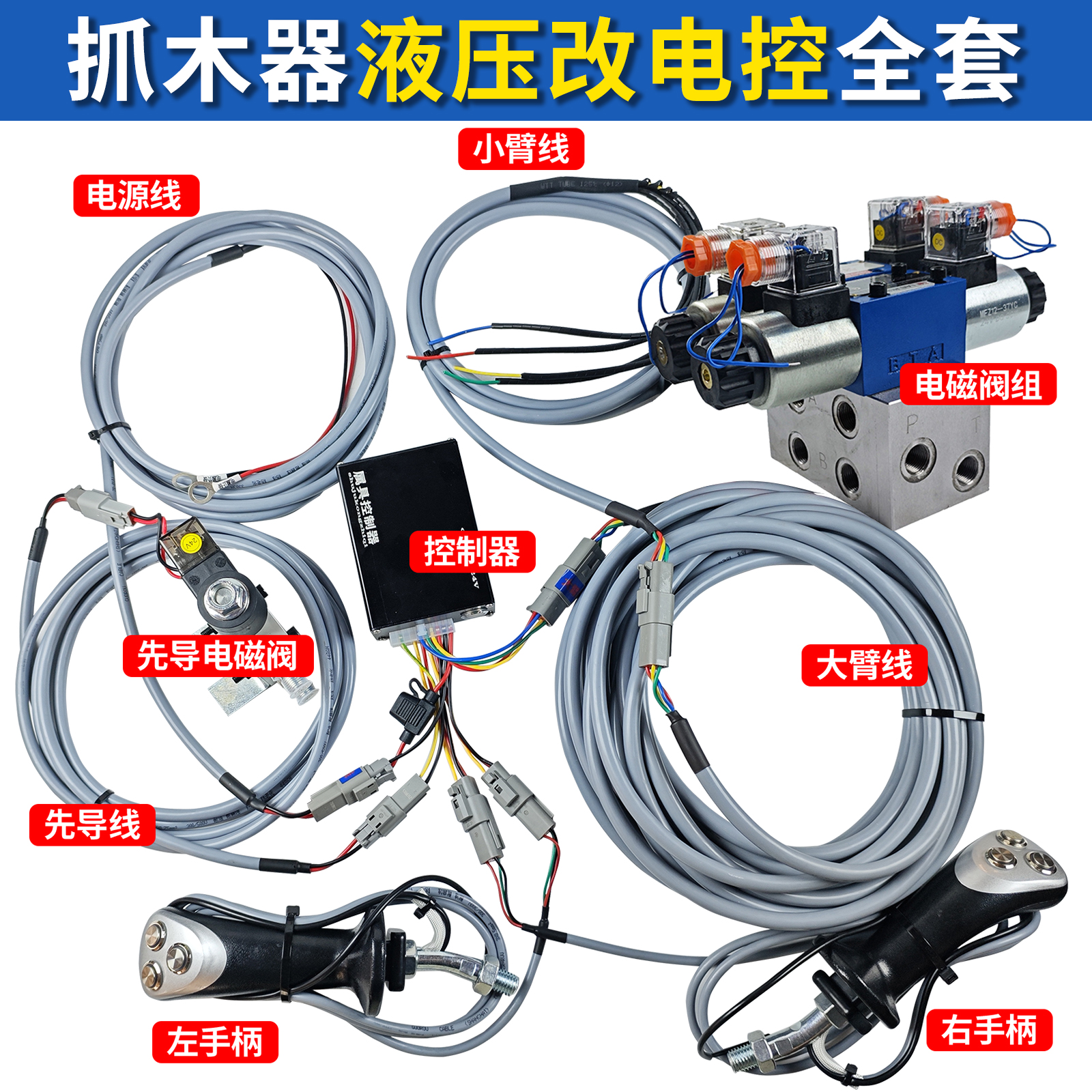 挖机抓木器电控线路旋转夹木机手柄控制器电磁阀线束 液压改电控