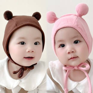 12个月婴幼儿宝宝儿童系带套头帽 ins韩国婴儿帽子春秋护耳帽0