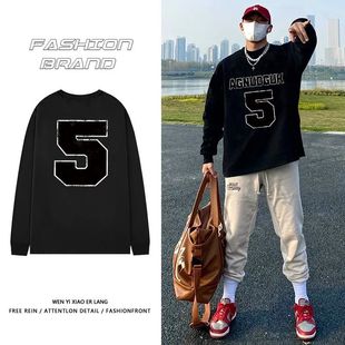纯棉hiphop潮牌数字印花T恤春秋男女情侣打底衫ins爆款带螺口长袖