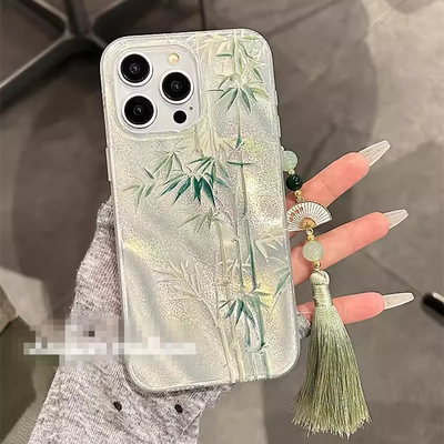 羽纱绿竹子适用opporeno12/9/8/4手机壳k11k10x小众A3pro流苏挂饰findx7/6/5新中式R15r17A72高级A58a97A1A2m