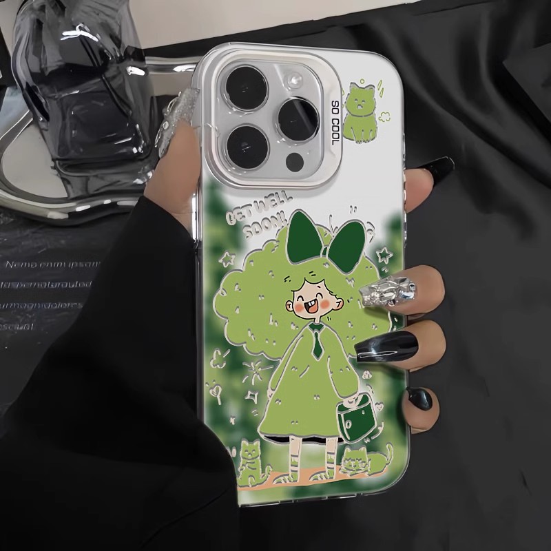 绿色卷发女孩适用iPhone7手机壳i8苹果x磨砂元气壳xr卡通可爱xsmax小众高级ip6s网红超火xs情侣plus简约p清新