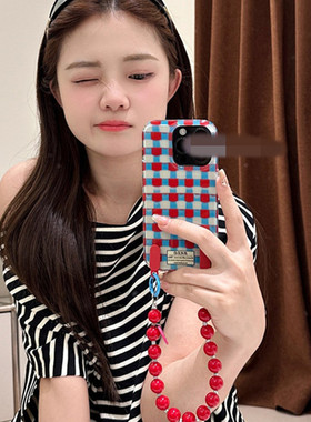 适用一加ace5手机壳oneplus13/12撞色红蓝格纹1+Ace3可拎手提链2v网红超火11R高级10T奢华9R时尚8/7pro清新6p