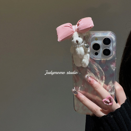 粉豹纹小熊蝴蝶结适用opporeno12/9/8/4手机壳k11k10x可爱A3pro甜美findx7/6/5/R15/r17A72A58时尚a97A1A2m