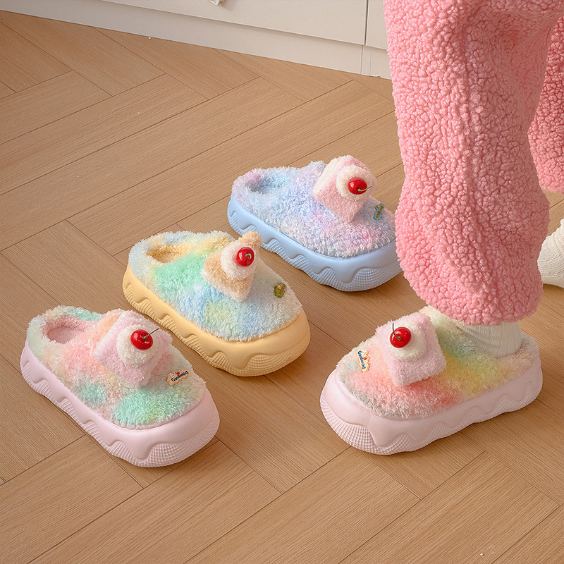 南波万卡通七彩小蛋糕棉拖鞋女居家室内防滑保暖毛毛绒棉拖鞋