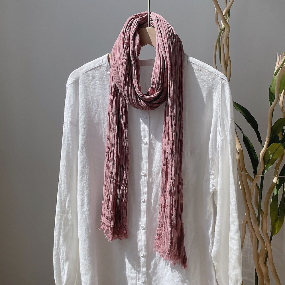 百搭文艺全棉褶皱长条围巾女四季日系舒适透气纯色纱巾空调房