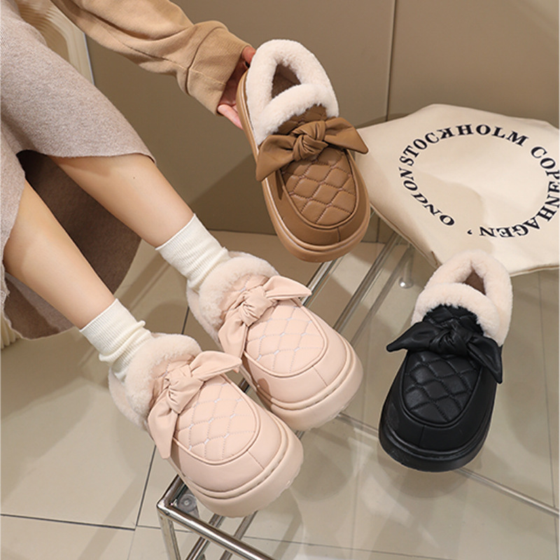 南波万棉拖鞋女款冬季蝴蝶结外穿加绒加厚保暖pu皮防水包跟棉鞋