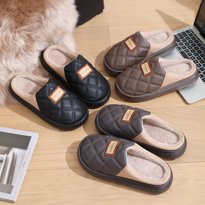 南波万男棉拖鞋秋冬季室内居家加绒加厚保暖pu皮防水大码包头拖鞋