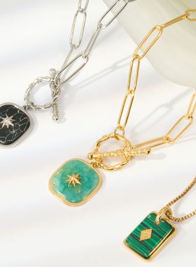 法式树叶石头项链钛钢欧洲不锈钢女轻奢祖母绿ins风复古