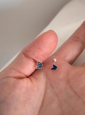 999足银蓝色滴油mini蝴蝶耳钉女简约ind小巧个性螺丝拧扣耳环耳饰