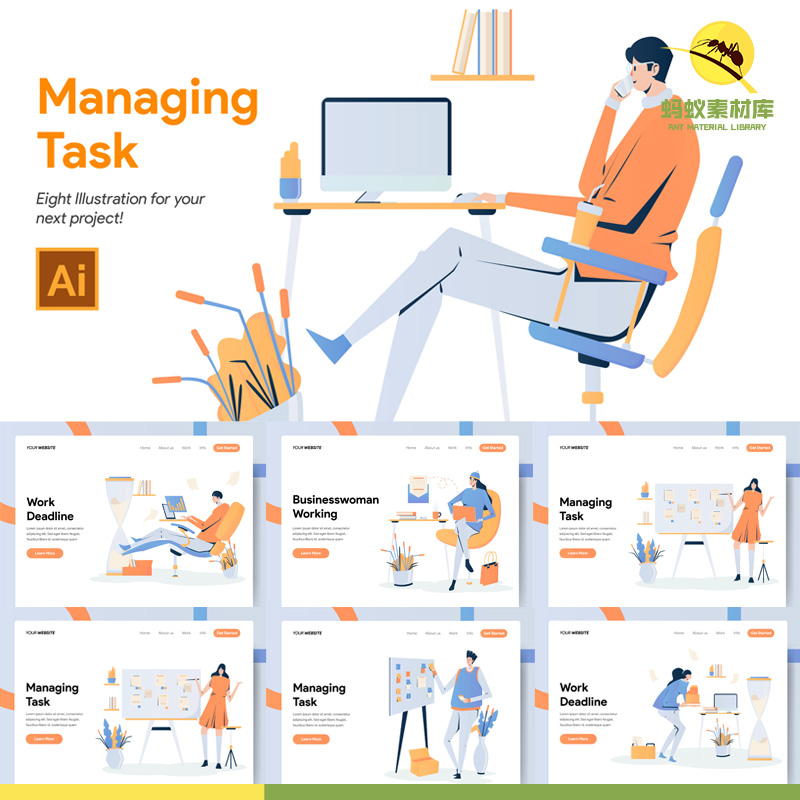 扁平商务职场商业工作场景人物着陆引导页面插画图AI矢量设计素材