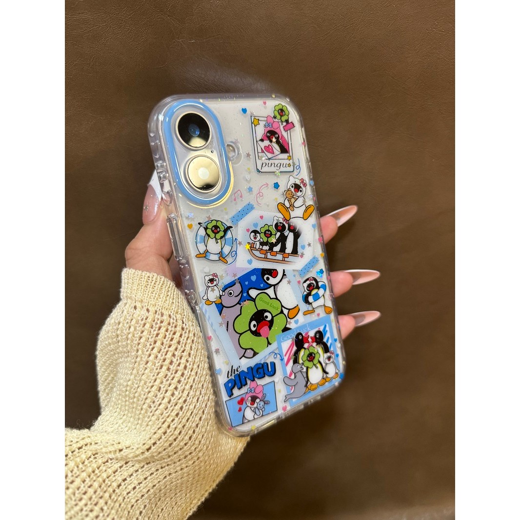 半塘壳野ins小众卡通透明花朵头套企鹅15适用16pro苹果16ProMax手机壳iPhone16全包14新款14Promax保护套13韩