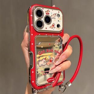 半糖壳野ins可爱镜面三只小马卡包适用iPhone17promax手机壳苹果16pro腕带15防摔14pro新款13防摔17保护套