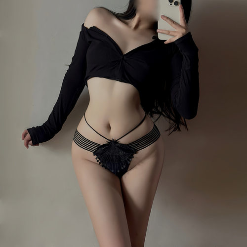 日系刺绣性感内裤女冰丝无痕透视低腰无痕条纹细带诱惑棉裆丁字裤