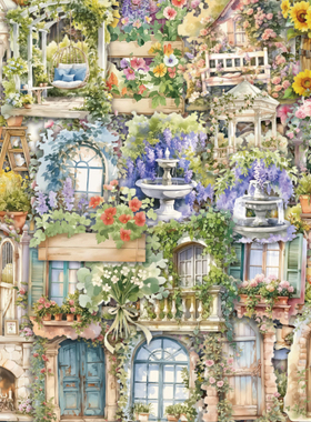 110张pvc小茎花园水彩画复古街景手账笔记本创意装饰贴画防水无痕