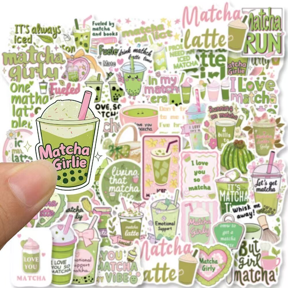 贴纸卡通可爱奶茶杯贴纸绿色抹茶装饰手机壳笔记本防水贴画50张