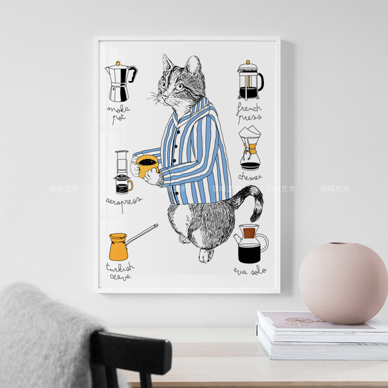 波普风卡通猫咪 咖啡厅个性潮流趣味装饰画心 简约线条抽象海报