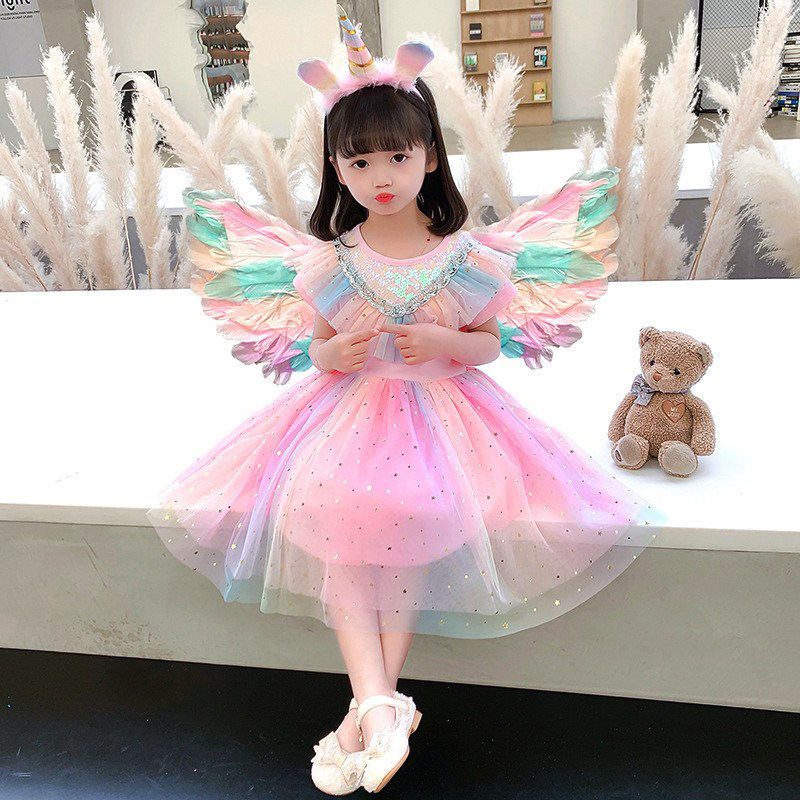 儿童带翅膀裙子女童短袖公主裙羽毛翅膀生日独角兽表演小孩连衣裙