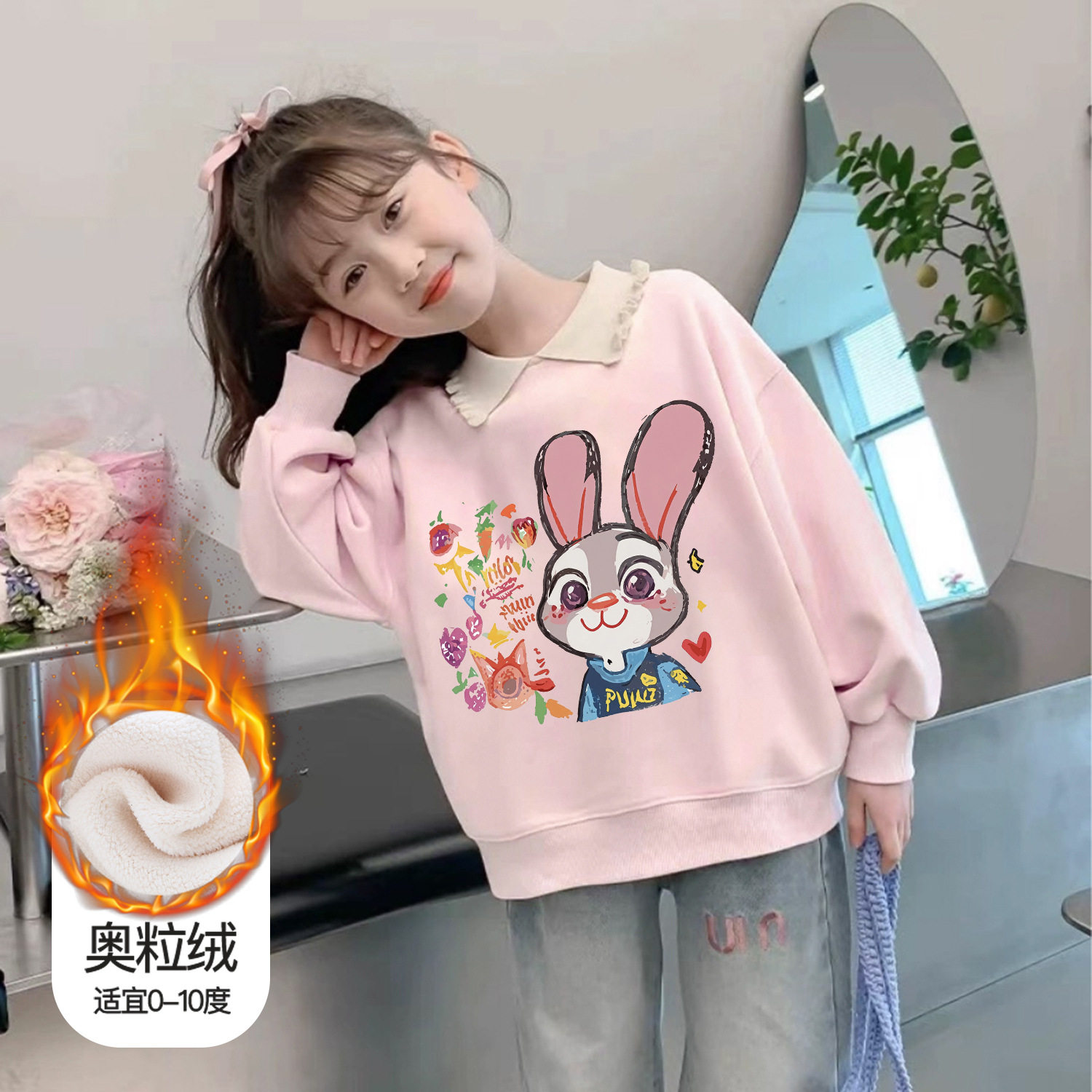 女童加绒卫衣兔子棉衣套头衫冬装