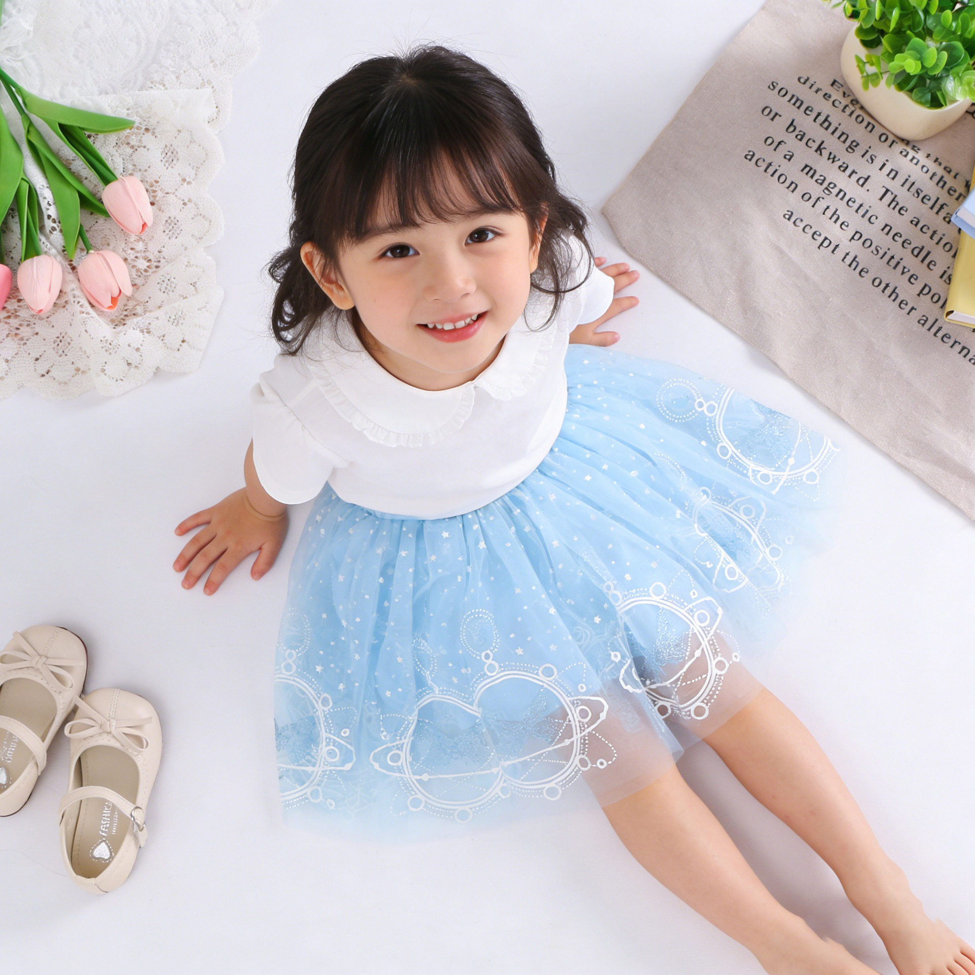 女童公主半身裙篷篷纱短裙子浅蓝