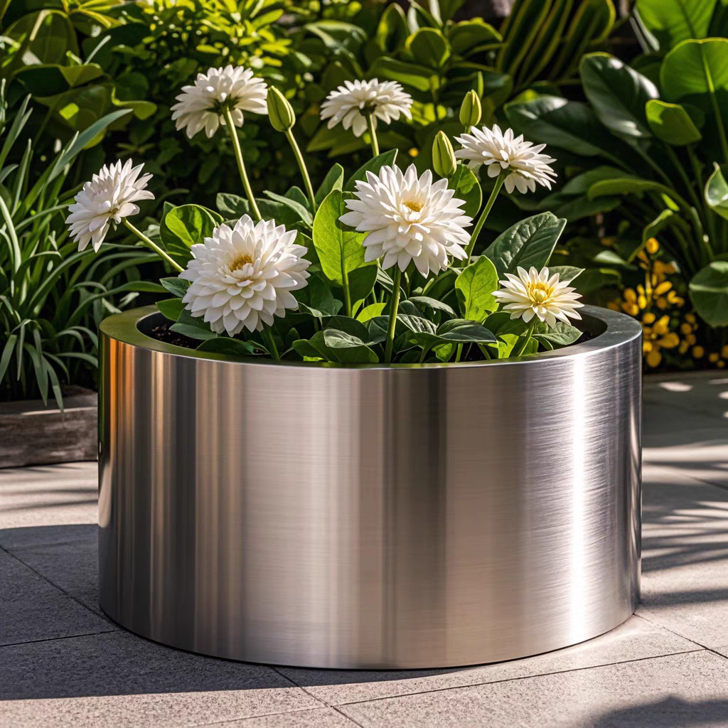 户外长方形花箱花池广场304不锈钢拉丝圆柱体花钵花盆铁花桶花槽