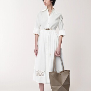 The Way Of 简约翻领匹马棉连衣裙法式度假中长裙通勤X型收腰秋季