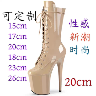 新款定制20/23/CM超高细跟内侧拉链恨天高钢管舞漆皮性感模特短靴