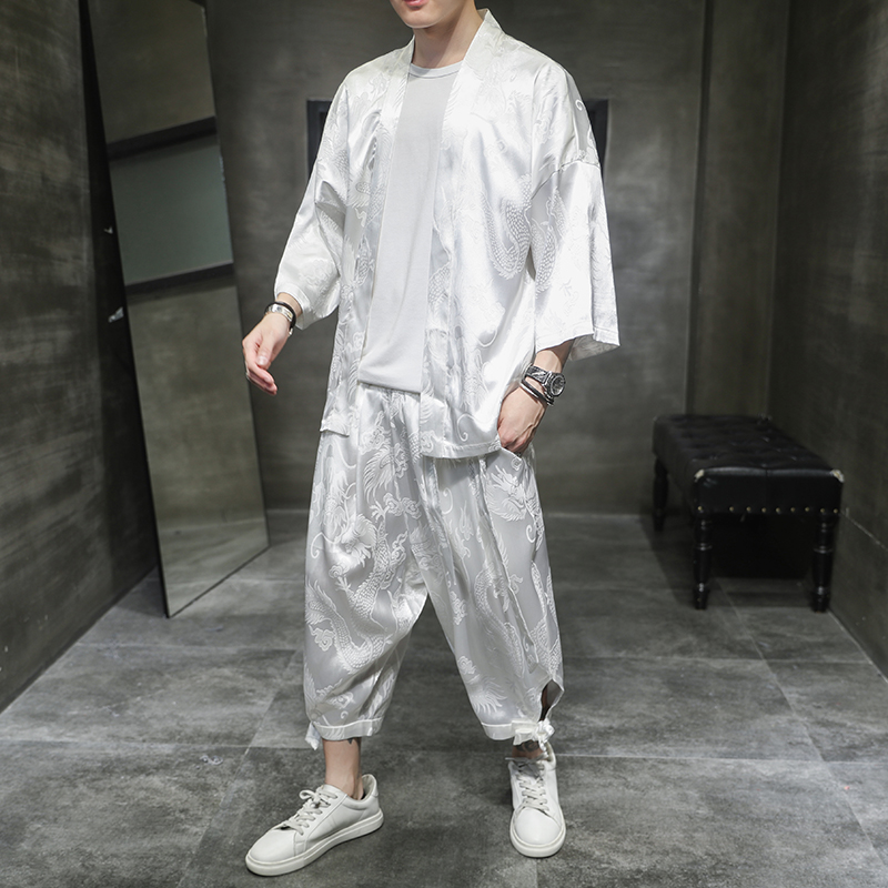 风古装夏季新款冰丝防晒开衫印花绣花暗纹休闲套装TZ8801-P80，男装休闲套装，四季星座220-1