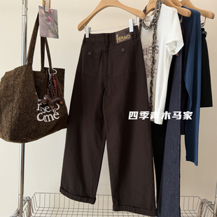 木马家 腰后字母标 显瘦休闲阔腿裤韩系卷边九分裤女百搭微弯刀裤
