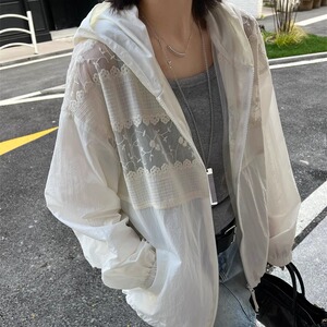韩国2025新款蕾丝花朵拼接春夏薄款外套宽松防晒衣女拉链连帽上衣