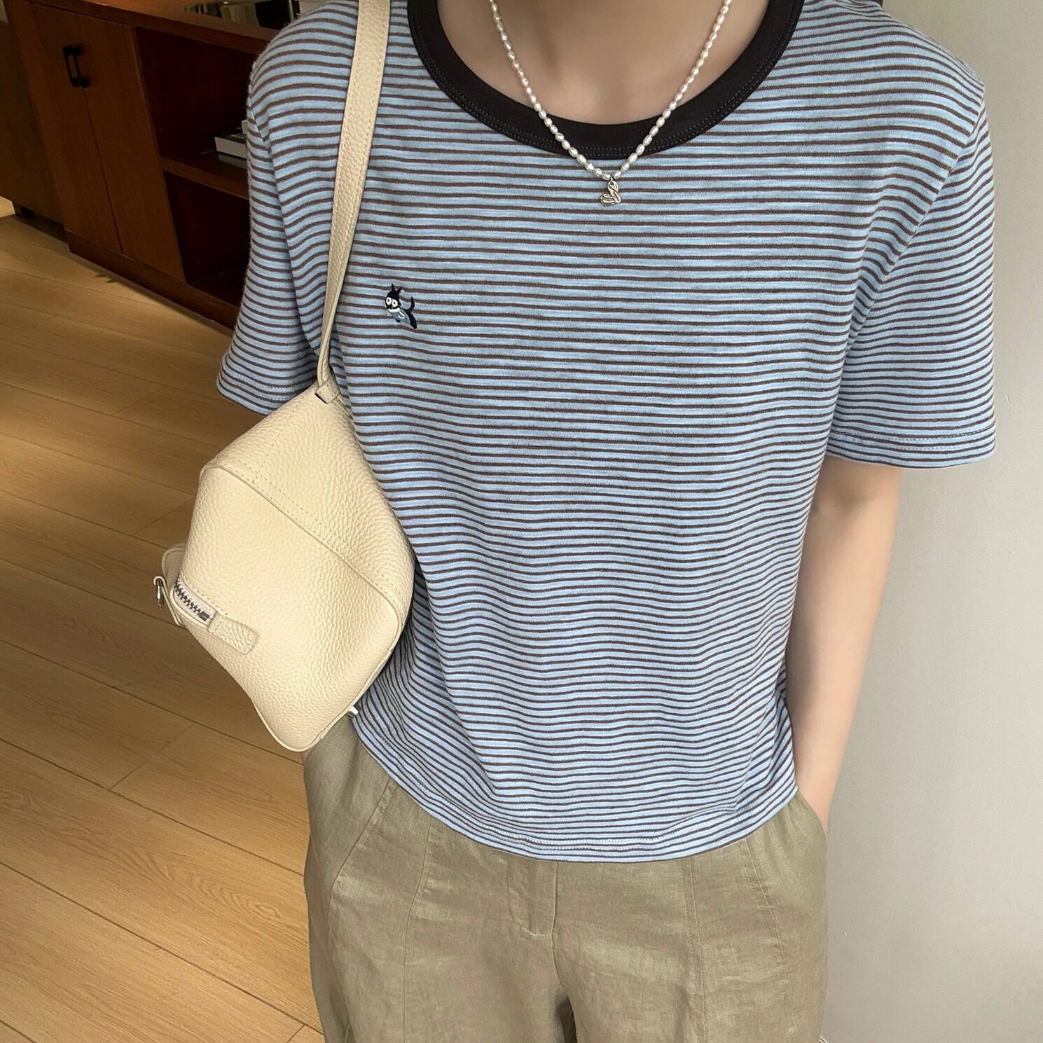 钟爱条纹 刺绣小狗 撞色细条纹短袖T恤 26夏季新款显瘦半袖女上衣