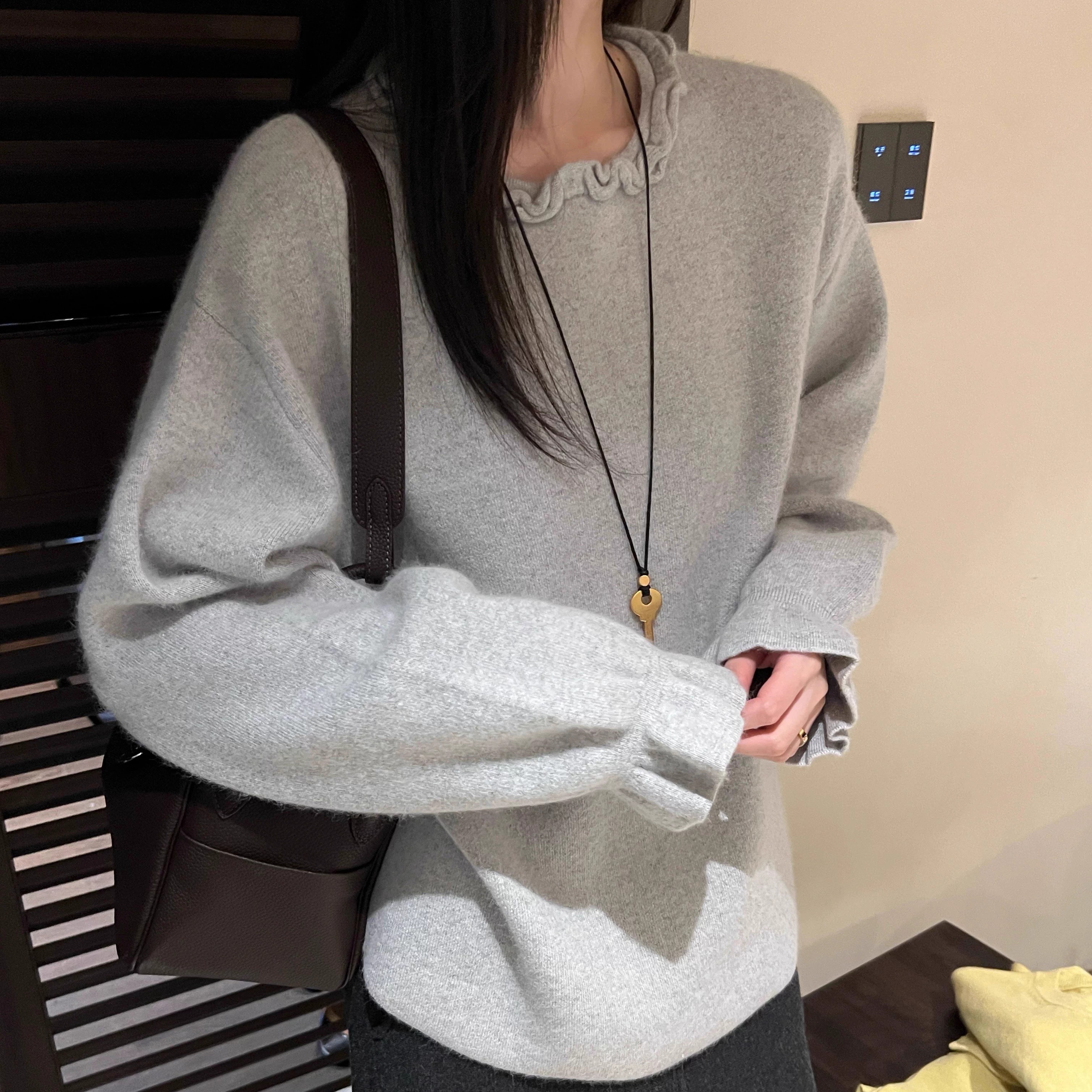 波点木耳领浣熊绒毛衣女宽松上衣