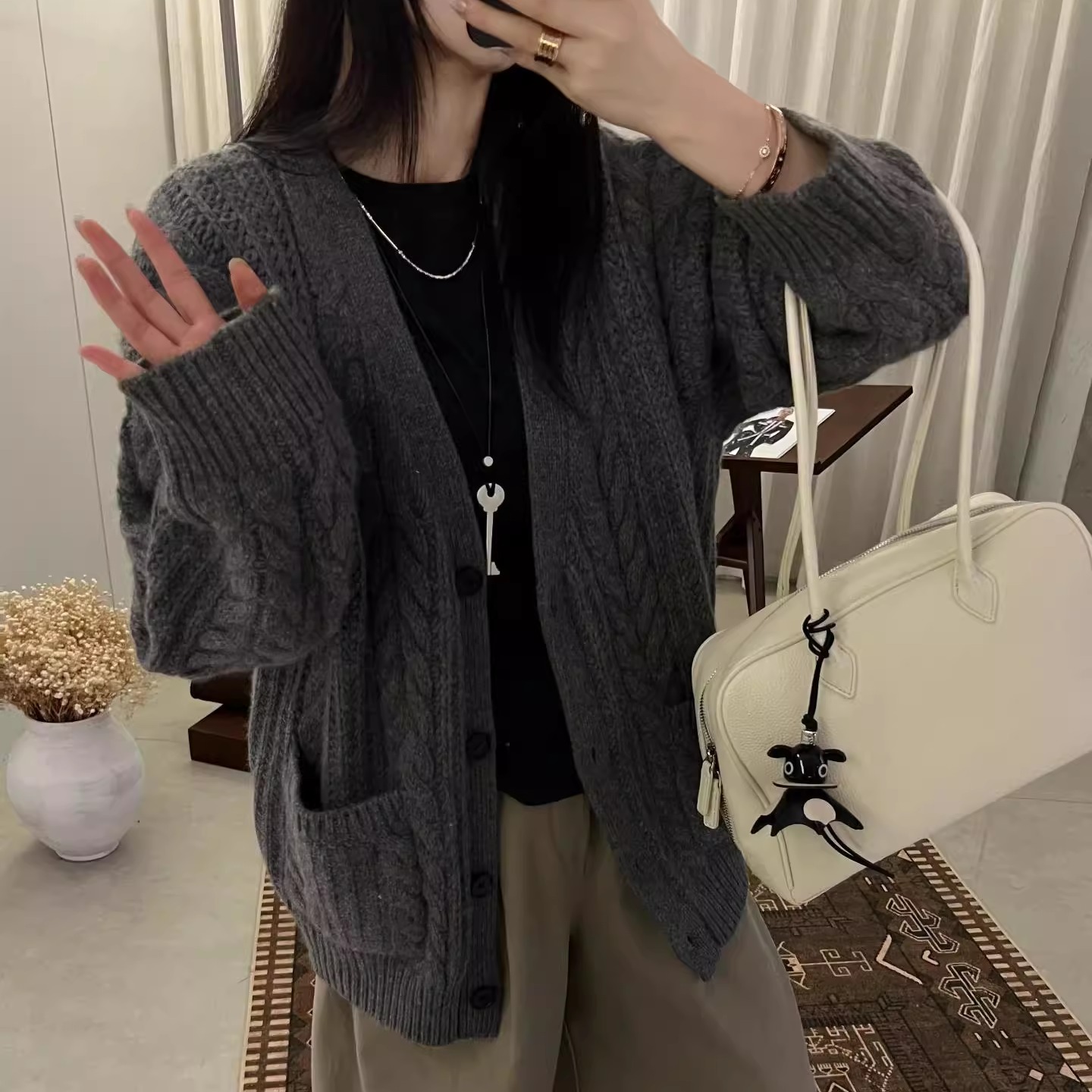 宽松V领中长款麻花毛衣开衫外套