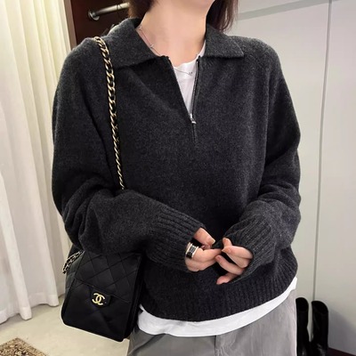 休闲半拉链翻领绵羊毛毛衣
