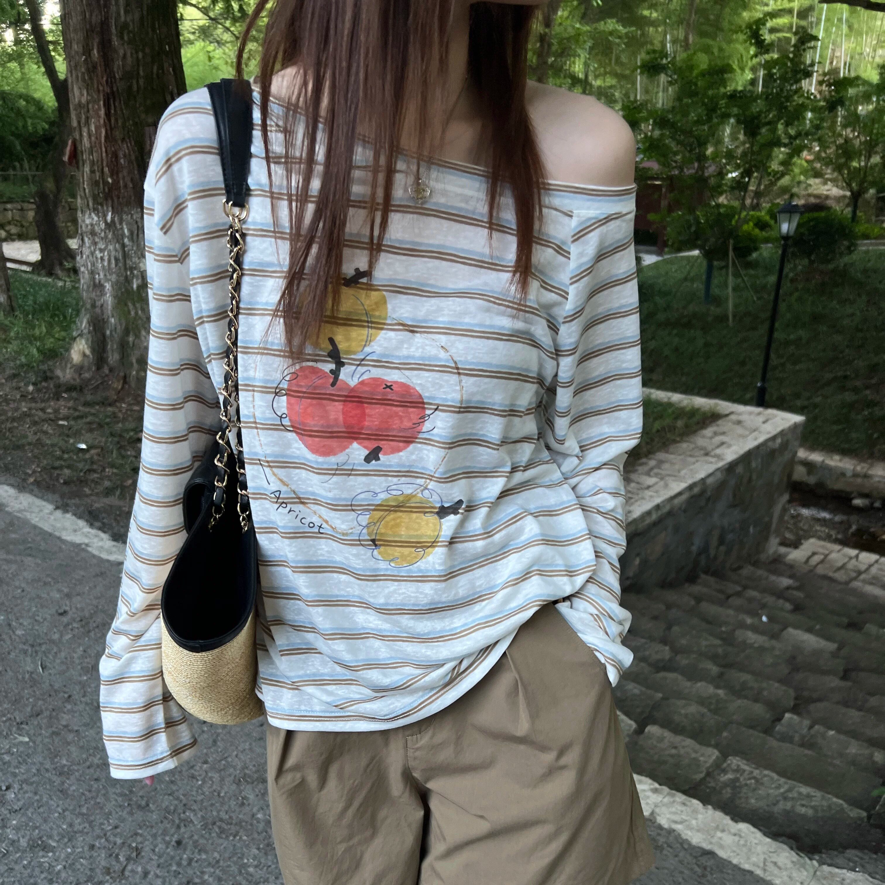 水果印花韩系斜肩长袖tee 夏季薄款显瘦宽松条纹防晒衫女韩版上衣